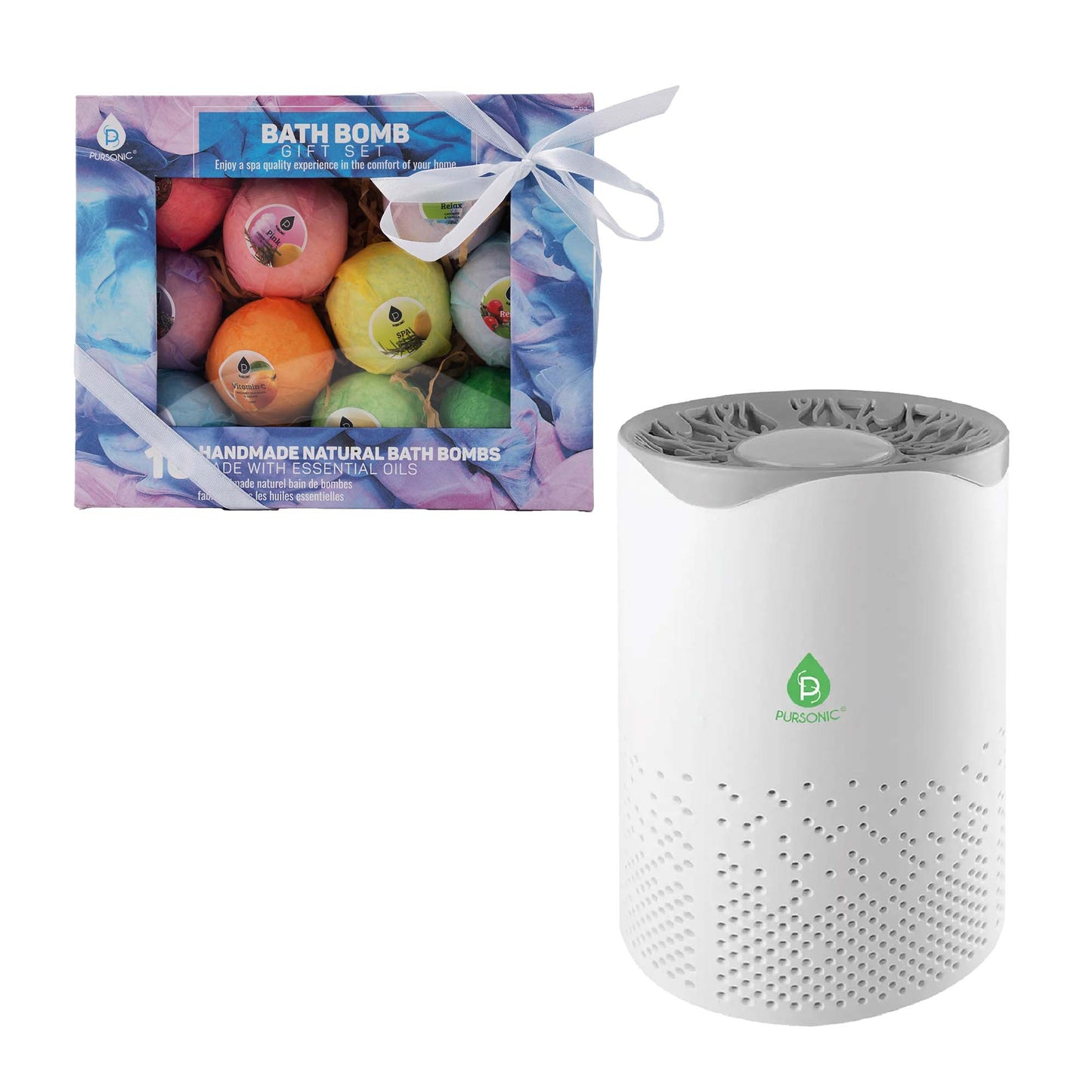 Pursonic Clean Air & Relaxation Bundle – Includes USB Powered True HEPA Air Purifier + 10 Handmade Organic Bath Bombs-0