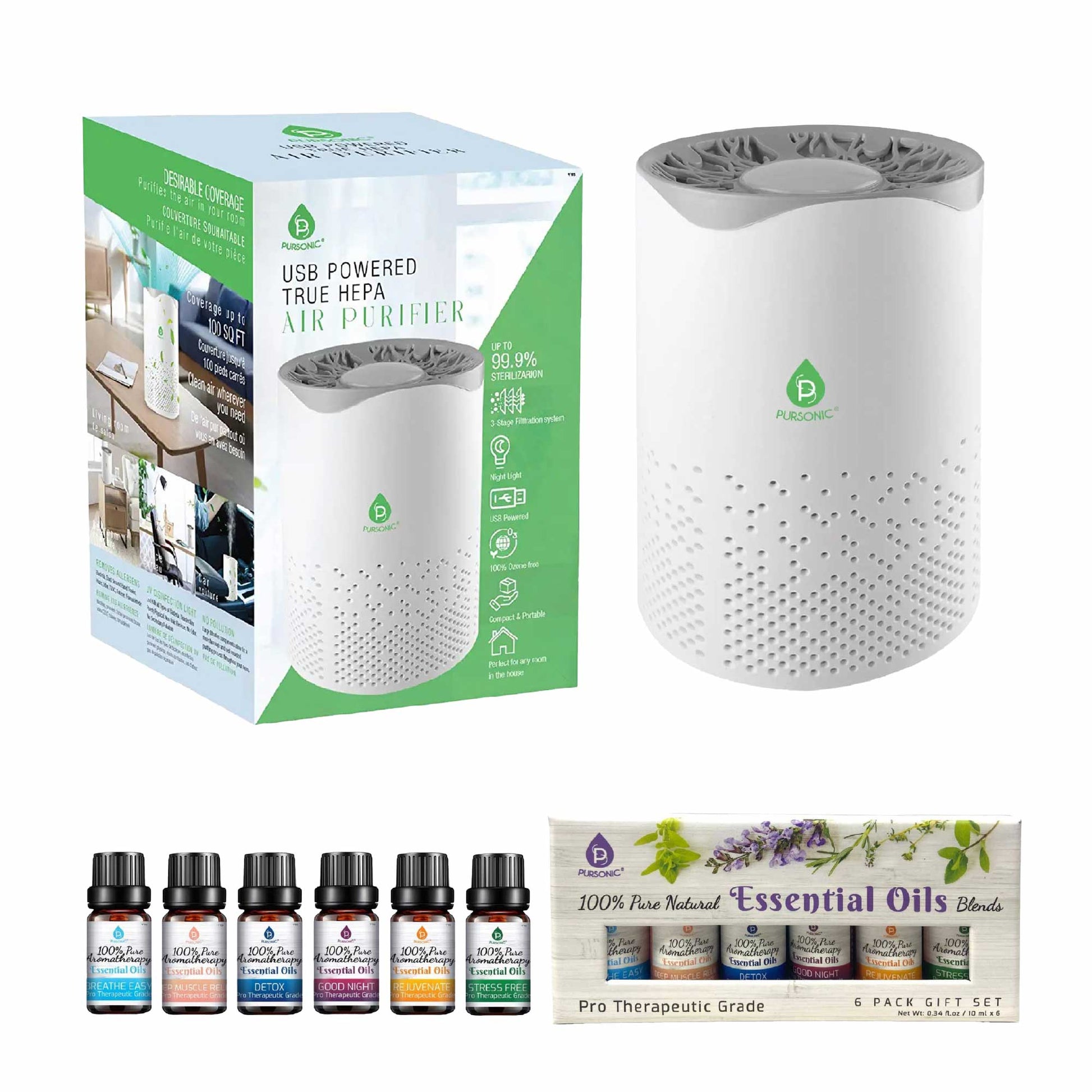 Pursonic Air Purifier with 6-Pack Premium Essential Oils Collection-3